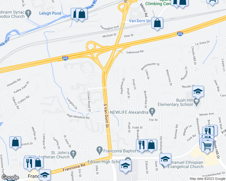 map of restaurants, bars, coffee shops, grocery stores, and more near 5815 South Van Dorn Street in Alexandria
