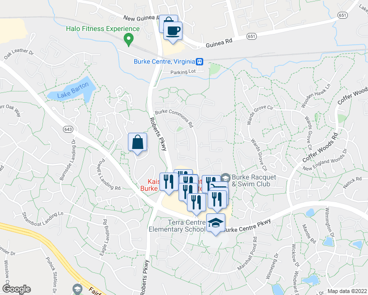 map of restaurants, bars, coffee shops, grocery stores, and more near 10301 Annaberg Court in Burke
