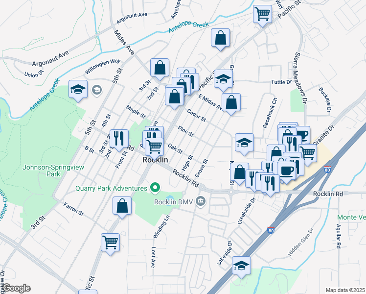 map of restaurants, bars, coffee shops, grocery stores, and more near 3965 Oak Street in Rocklin