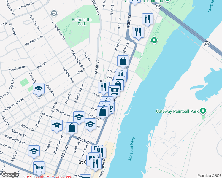 map of restaurants, bars, coffee shops, grocery stores, and more near 1212 North 3rd Street in Saint Charles
