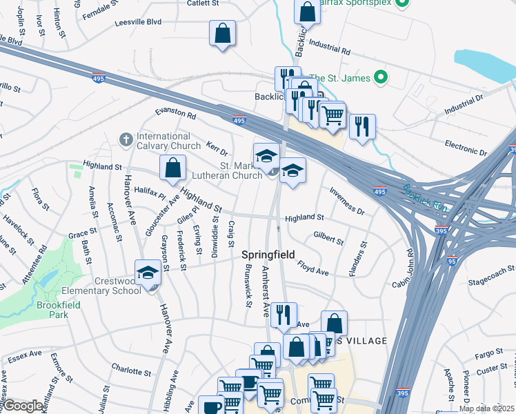 map of restaurants, bars, coffee shops, grocery stores, and more near 5817 Brunswick Street in Springfield