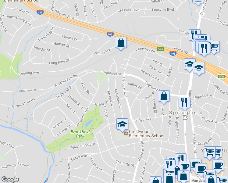 map of restaurants, bars, coffee shops, grocery stores, and more near 5814 Accomac Street in Springfield