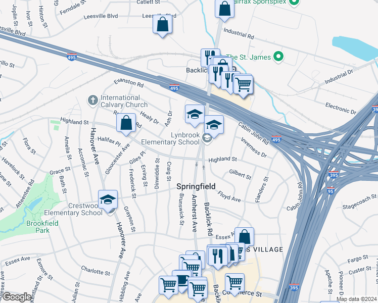 map of restaurants, bars, coffee shops, grocery stores, and more near 5817 Brunswick Street in Springfield
