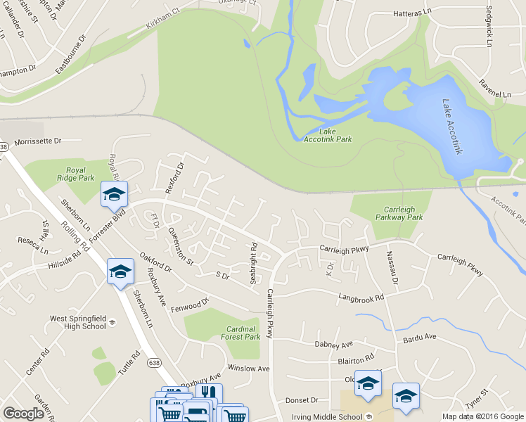 map of restaurants, bars, coffee shops, grocery stores, and more near 5901A Prince George Drive in West Springfield