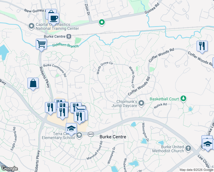 map of restaurants, bars, coffee shops, grocery stores, and more near 10049 Downeys Wood Court in Burke