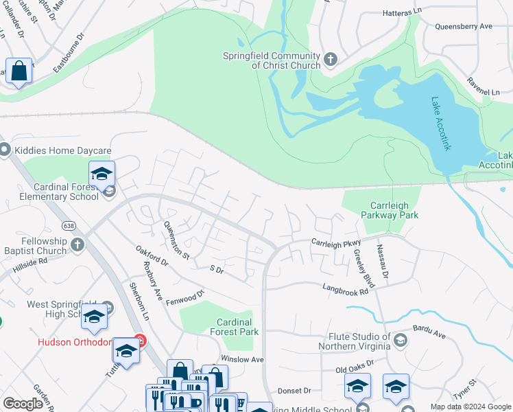 map of restaurants, bars, coffee shops, grocery stores, and more near 5905A Kingsford Road in West Springfield