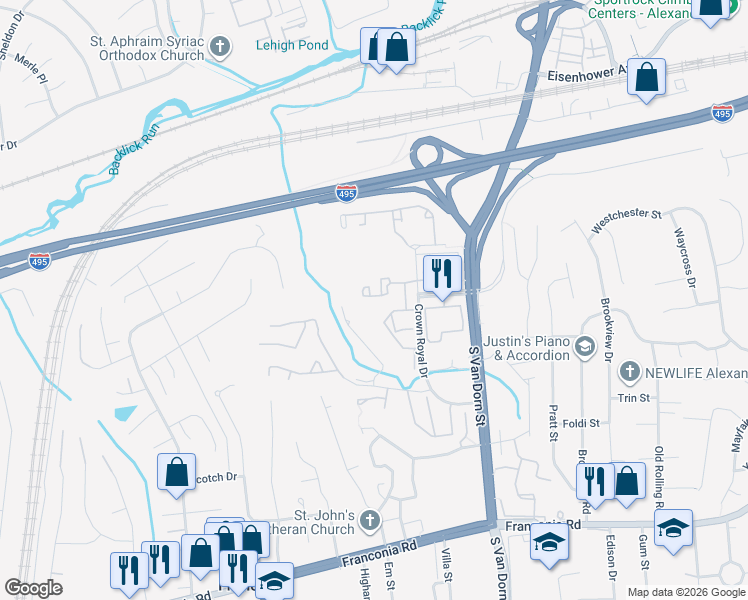 map of restaurants, bars, coffee shops, grocery stores, and more near 5995 Terrapin Place in Alexandria