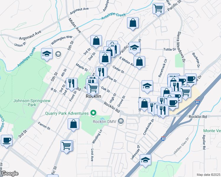 map of restaurants, bars, coffee shops, grocery stores, and more near 3965 Oak Street in Rocklin