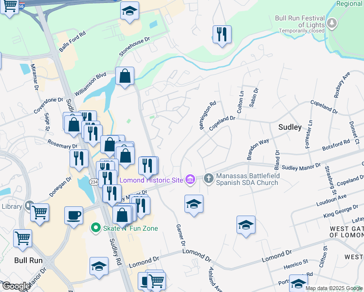 map of restaurants, bars, coffee shops, grocery stores, and more near 7621 Michelle Court in Manassas