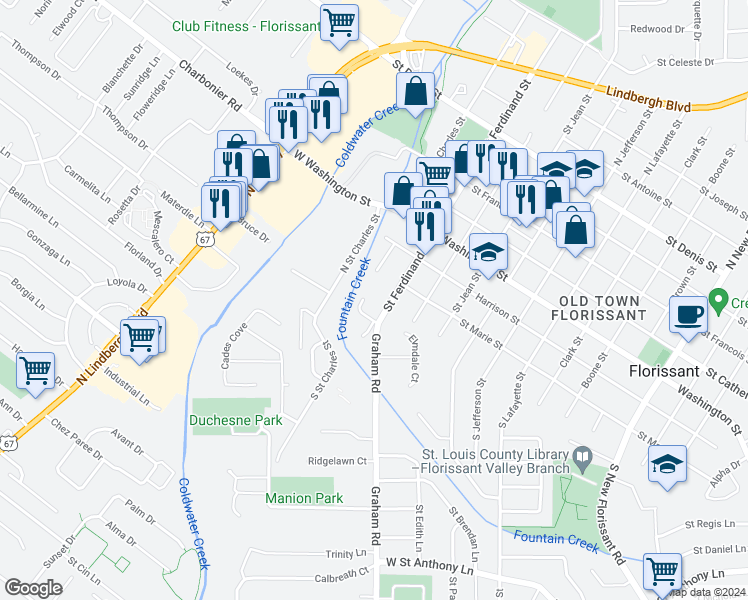 map of restaurants, bars, coffee shops, grocery stores, and more near 125 Saint Ferdinand Street in Florissant