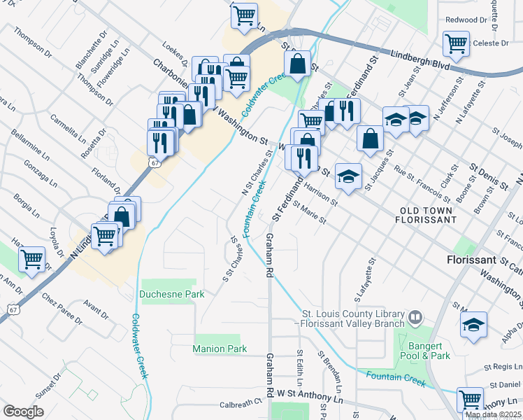 map of restaurants, bars, coffee shops, grocery stores, and more near 105 Reeb Lane in Florissant