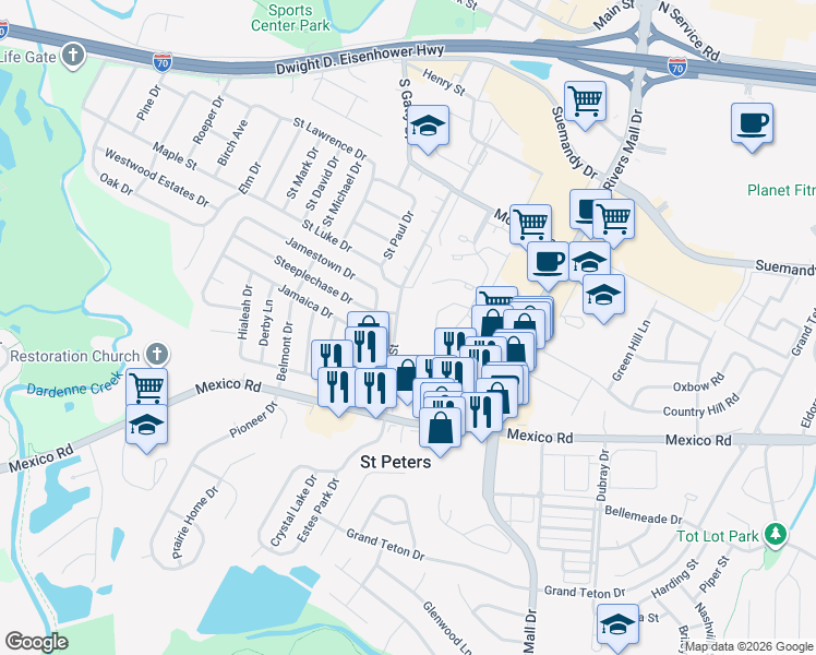 map of restaurants, bars, coffee shops, grocery stores, and more near 409 South Church Street in St. Peters