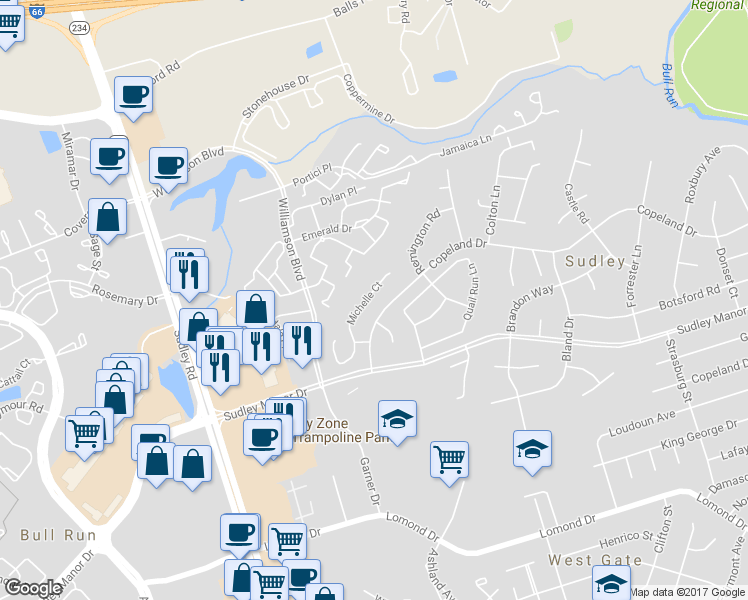 map of restaurants, bars, coffee shops, grocery stores, and more near 7621 Michelle Court in Manassas