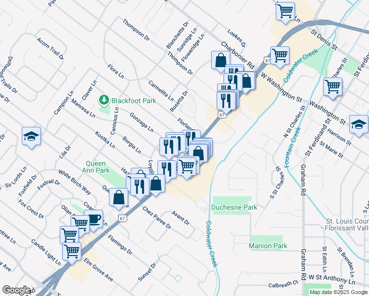 map of restaurants, bars, coffee shops, grocery stores, and more near 8239 North Lindbergh Boulevard in Florissant
