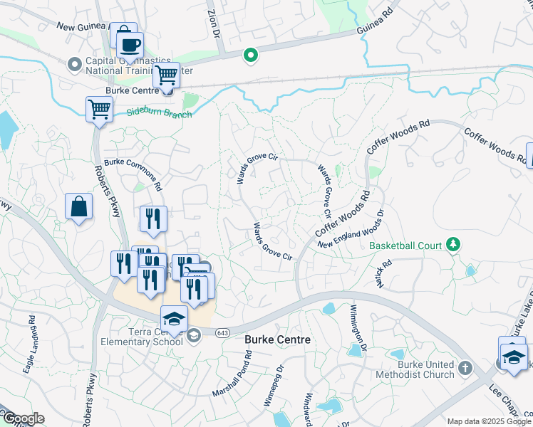 map of restaurants, bars, coffee shops, grocery stores, and more near 10043 Downeys Wood Court in Burke