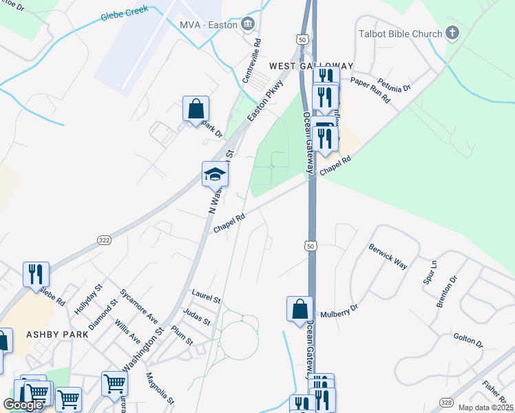 map of restaurants, bars, coffee shops, grocery stores, and more near 117 Chapel Road in Easton