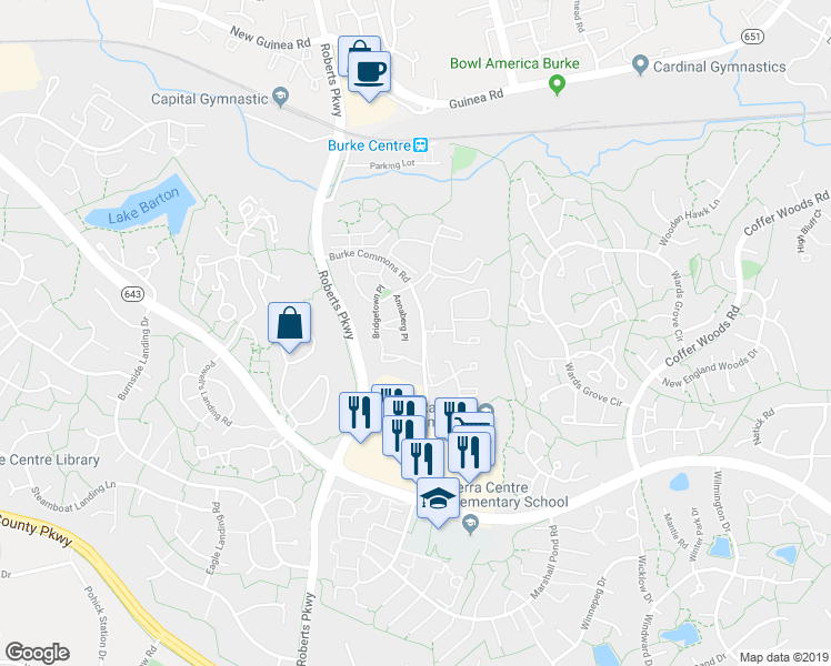 map of restaurants, bars, coffee shops, grocery stores, and more near 5982 Annaberg Place in Burke