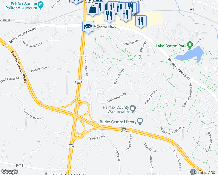 map of restaurants, bars, coffee shops, grocery stores, and more near 10834 Burr Oak Way in Burke