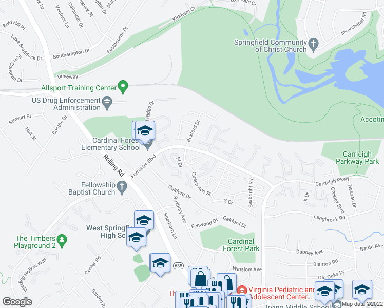 map of restaurants, bars, coffee shops, grocery stores, and more near 8441 Ee Drive in West Springfield