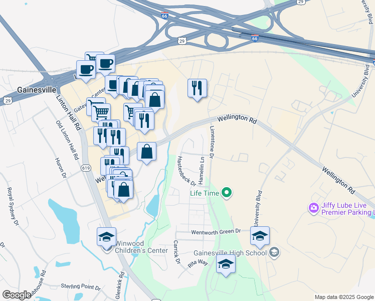 map of restaurants, bars, coffee shops, grocery stores, and more near 13684 Sovereign Way in Gainesville