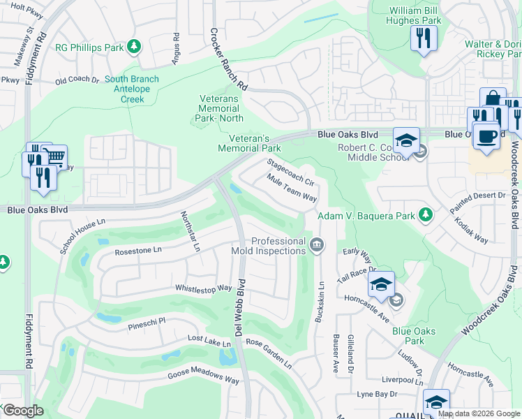 map of restaurants, bars, coffee shops, grocery stores, and more near 7011 Buggy Whip Lane in Roseville