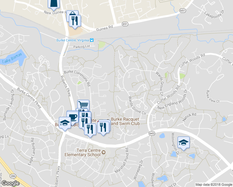 map of restaurants, bars, coffee shops, grocery stores, and more near 10170 Sassafras Woods Court in Burke