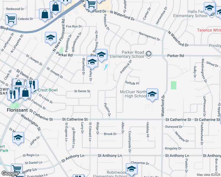 map of restaurants, bars, coffee shops, grocery stores, and more near 2385 Johnstown Drive in Florissant