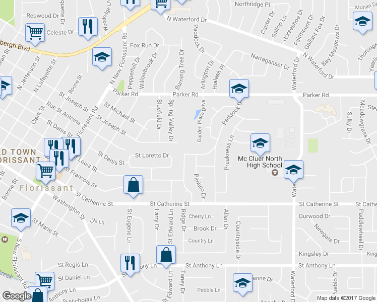 map of restaurants, bars, coffee shops, grocery stores, and more near 2265 Johnstown Drive in Florissant