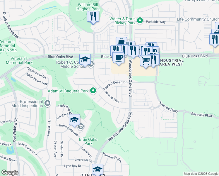 map of restaurants, bars, coffee shops, grocery stores, and more near 133 Look Out Point Court in Roseville