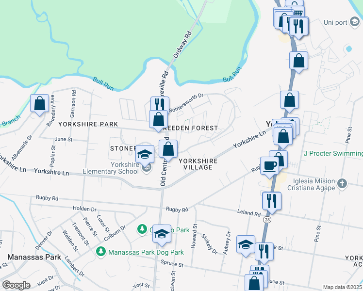 map of restaurants, bars, coffee shops, grocery stores, and more near 7507 Prince Cole Court in Manassas