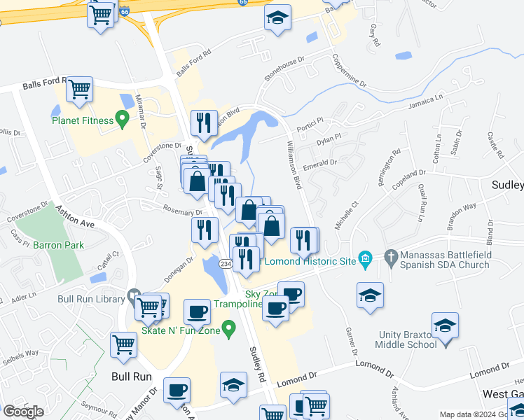 map of restaurants, bars, coffee shops, grocery stores, and more near 7570 Helmsdale Place in Manassas