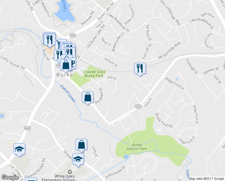 map of restaurants, bars, coffee shops, grocery stores, and more near 9307 Kite Street in Burke