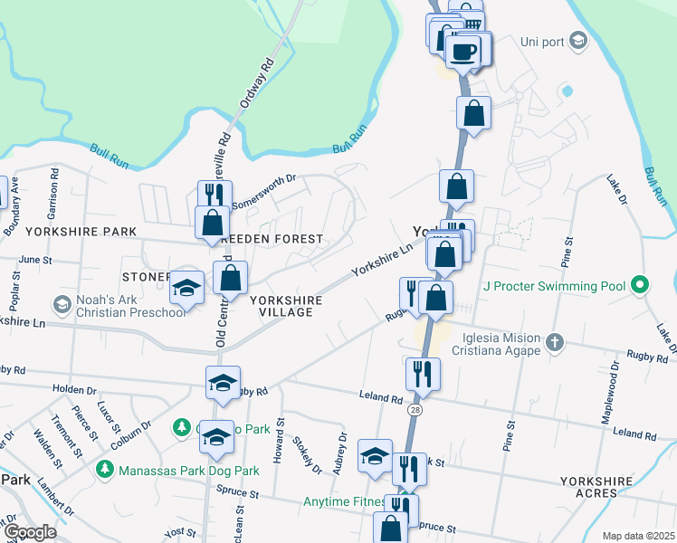 map of restaurants, bars, coffee shops, grocery stores, and more near 8402 Yorkshire Lane in Manassas