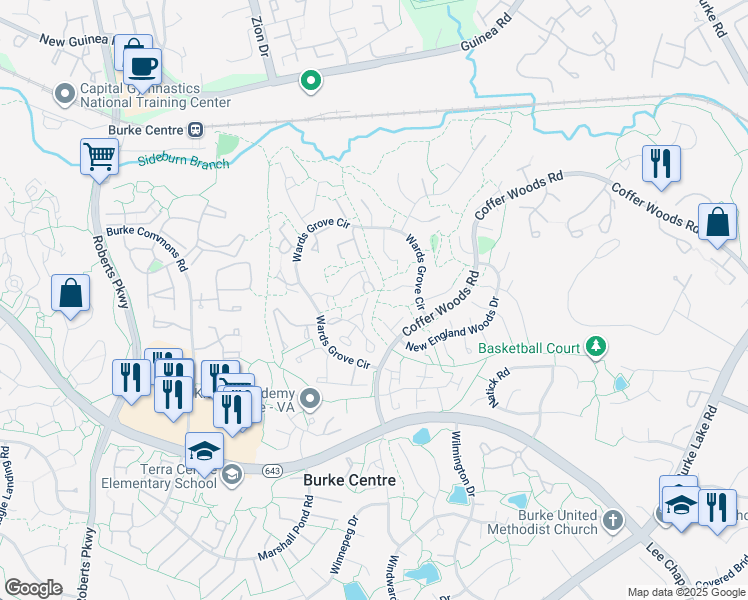 map of restaurants, bars, coffee shops, grocery stores, and more near 10036 Wood Sorrels Lane in Burke