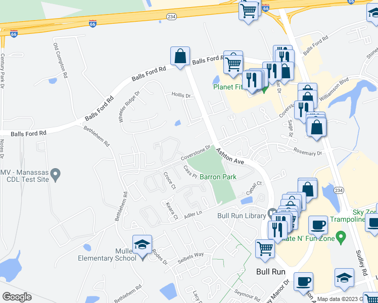 map of restaurants, bars, coffee shops, grocery stores, and more near 7589 Margate Court in Manassas