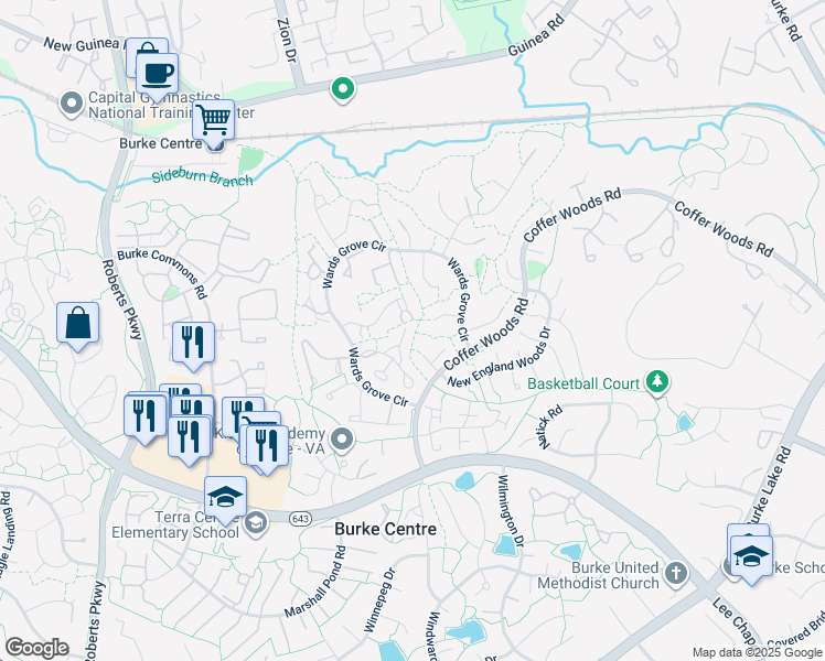map of restaurants, bars, coffee shops, grocery stores, and more near 10036 Wood Sorrels Lane in Burke