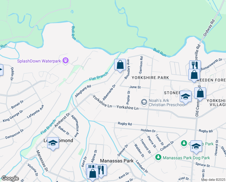 map of restaurants, bars, coffee shops, grocery stores, and more near 7525 Albemarle Drive in Manassas