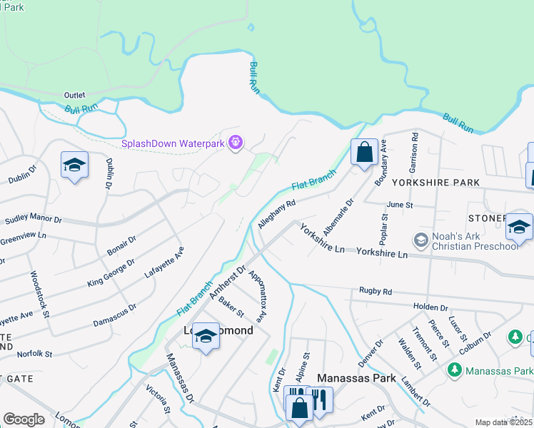 map of restaurants, bars, coffee shops, grocery stores, and more near 7564 Alleghany Road in Manassas