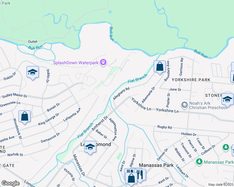 map of restaurants, bars, coffee shops, grocery stores, and more near 7564 Alleghany Road in Manassas
