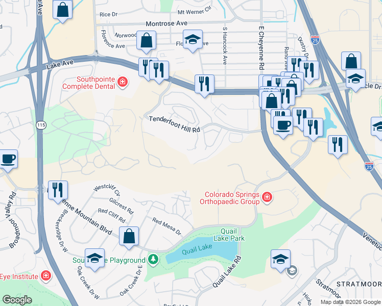map of restaurants, bars, coffee shops, grocery stores, and more near 2771 Quail Ridge Point in Colorado Springs