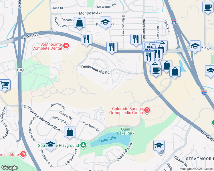 map of restaurants, bars, coffee shops, grocery stores, and more near 2771 Quail Ridge Point in Colorado Springs