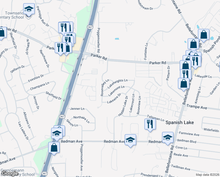 map of restaurants, bars, coffee shops, grocery stores, and more near 1934 Lakeheights Lane in St. Louis