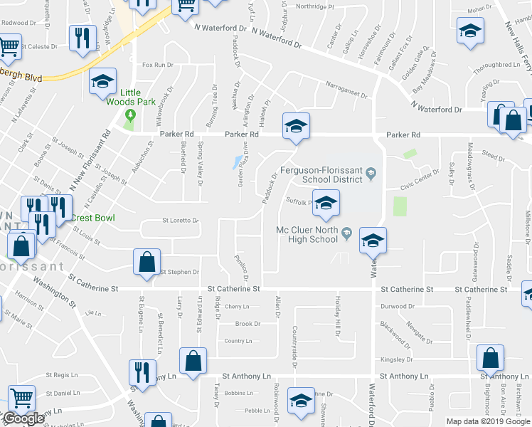 map of restaurants, bars, coffee shops, grocery stores, and more near 885 Preakness Lane in Florissant