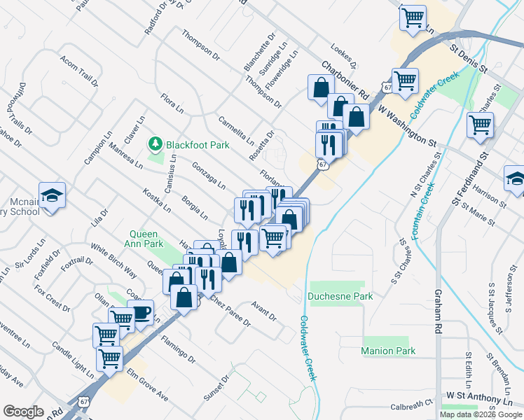 map of restaurants, bars, coffee shops, grocery stores, and more near 705 Southwell Lane in Florissant
