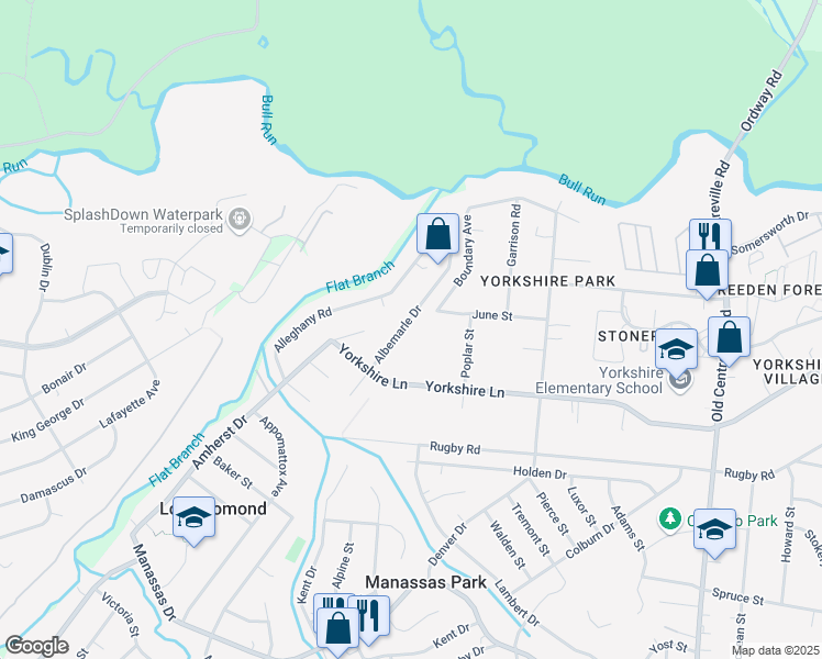 map of restaurants, bars, coffee shops, grocery stores, and more near 7525 Albemarle Drive in Manassas