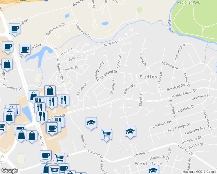 map of restaurants, bars, coffee shops, grocery stores, and more near 7521 Remington Road in Manassas