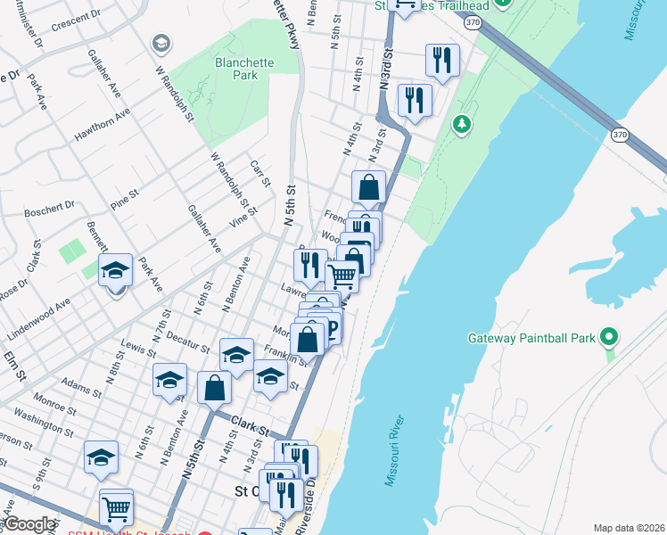 map of restaurants, bars, coffee shops, grocery stores, and more near 1212 North 3rd Street in Saint Charles