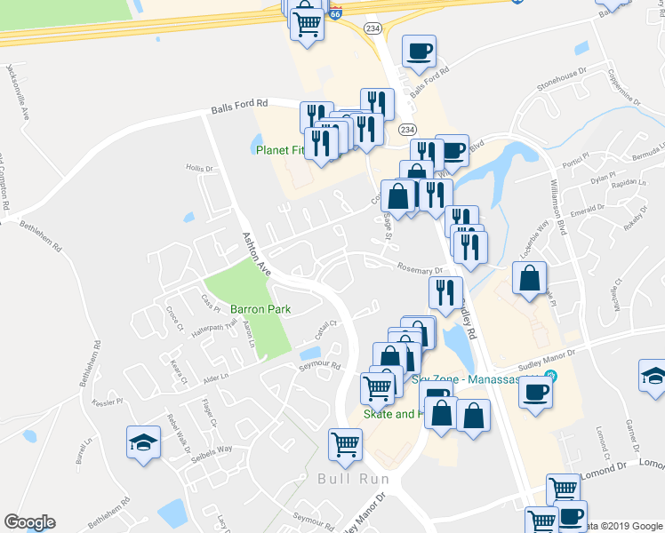 map of restaurants, bars, coffee shops, grocery stores, and more near 7698 Orchid Court in Manassas