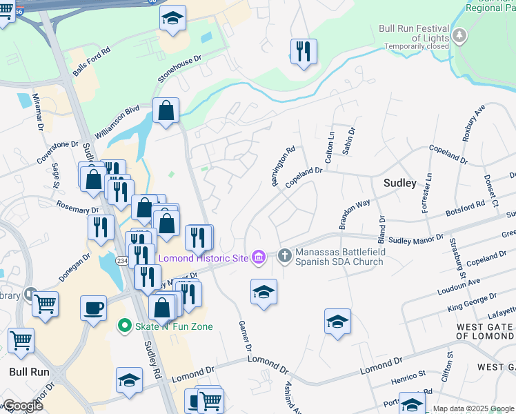 map of restaurants, bars, coffee shops, grocery stores, and more near 10312 Copeland Drive in Manassas