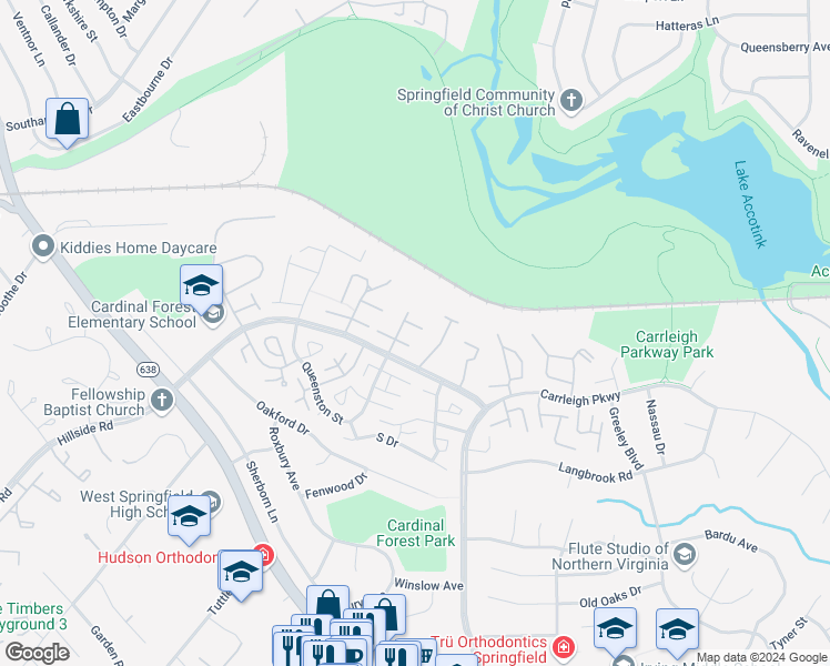 map of restaurants, bars, coffee shops, grocery stores, and more near 8311 Kingsgate Road in Springfield